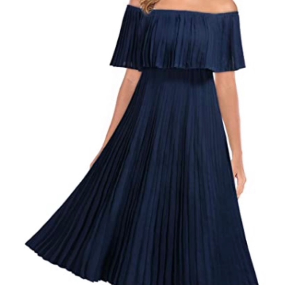 Elegant Navy Off-Shoulder Cocktail Midi Dress